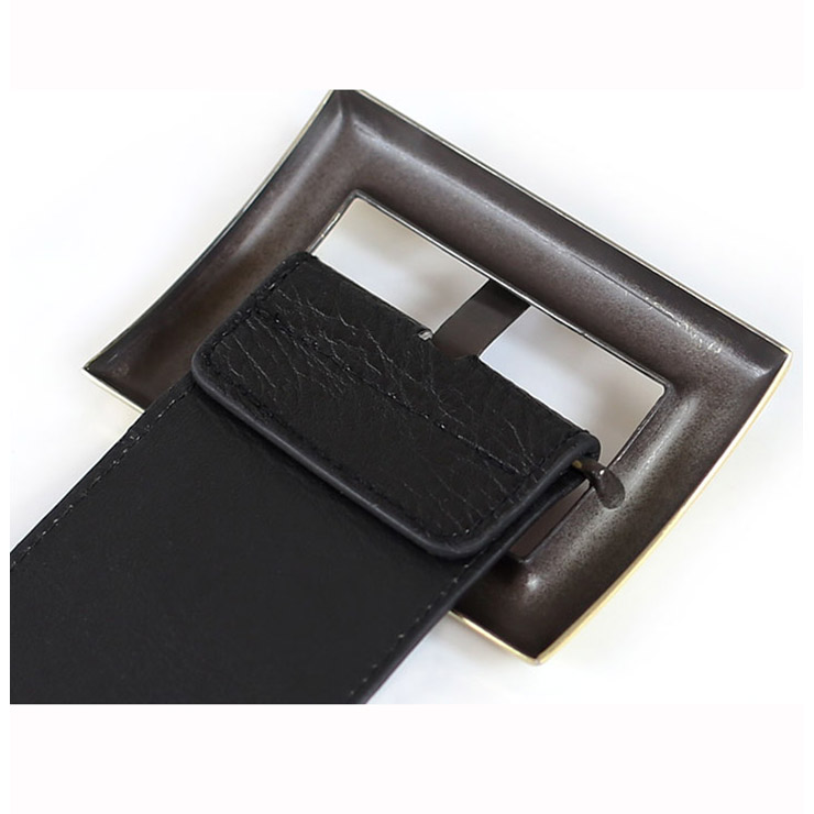 Vintage Black Metal Square Buckle Womens Feather Elastic Wide Waist Belt Cinch N14838