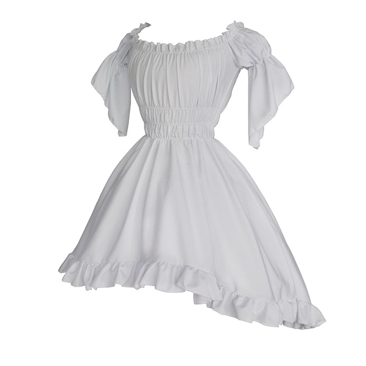 Vintage White Off-shoulder Ruffle Elastic Puff Sleeve High Waist Harajuku High-low Dress N21908