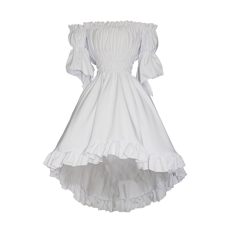 Vintage White Off-shoulder Ruffle Elastic Puff Sleeve High Waist Harajuku High-low Dress N21908
