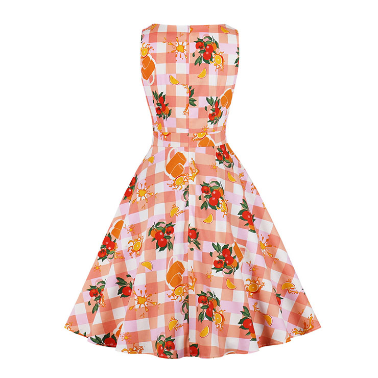 Retro Orange Juice Print Round Neckline Sleeveless High Waist Summer Party Swing Dress N21862