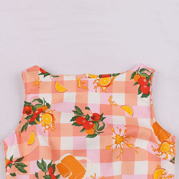 Retro Orange Juice Print Round Neckline Sleeveless High Waist Summer Party Swing Dress N21862
