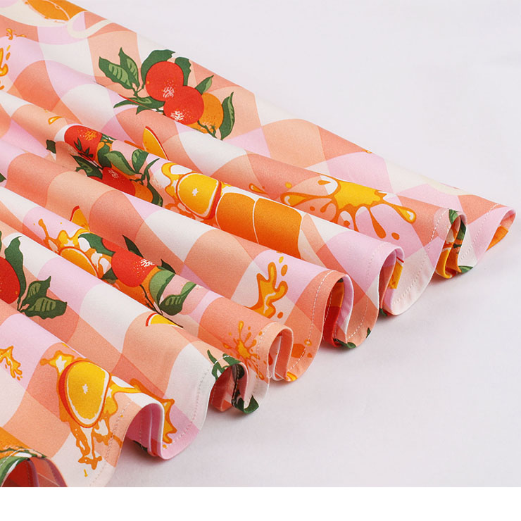 Retro Orange Juice Print Round Neckline Sleeveless High Waist Summer Party Swing Dress N21862