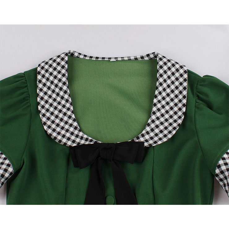 Vintage Peter Pan Collar with Bowknot Front Button Short Sleeve High Waist Party Midi Dress N21705