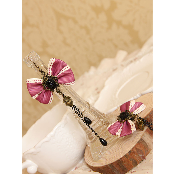 Vintage Pink Bowknot Bronze Black Gem with Black Drop Beads Earrings J18408