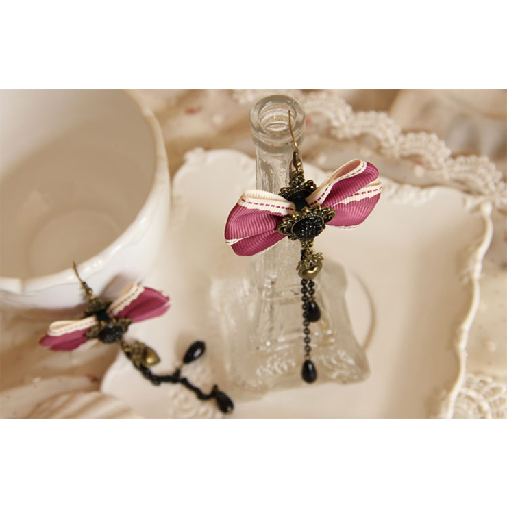 Vintage Pink Bowknot Bronze Black Gem with Black Drop Beads Earrings J18408