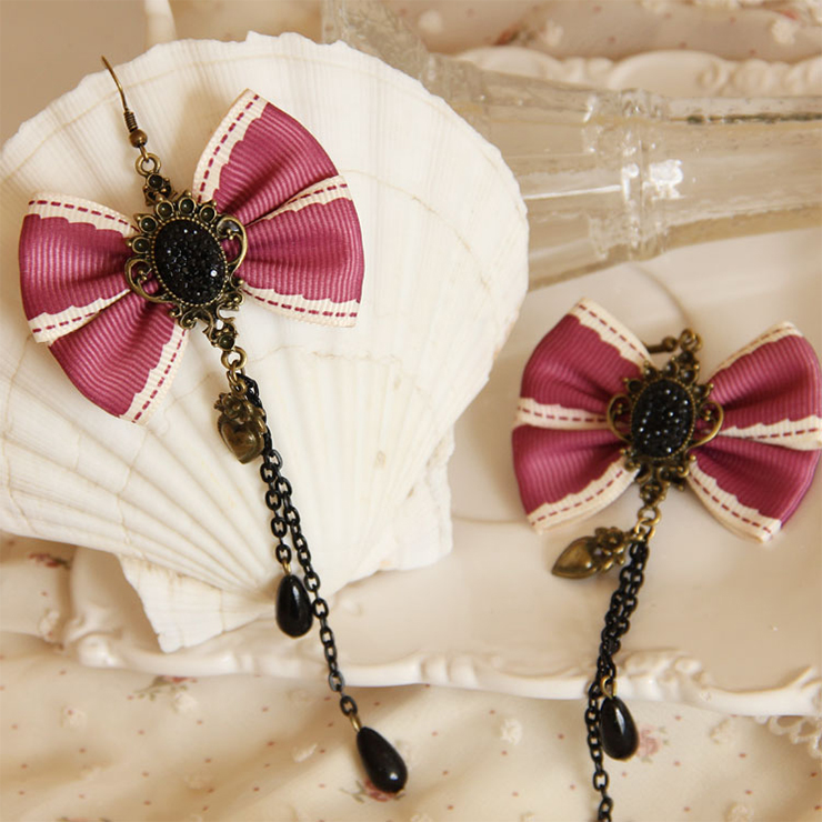 Vintage Pink Bowknot Bronze Black Gem with Black Drop Beads Earrings J18408