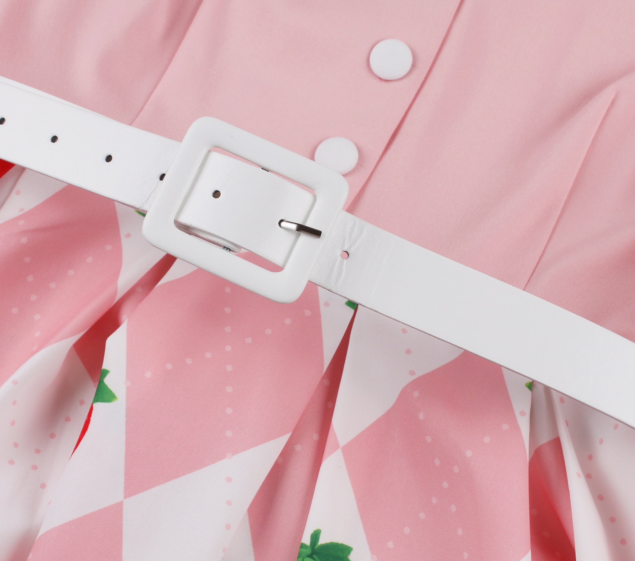 Vintage Pink Dress with Strawberry Print and White Waist Belt - Sweetheart Neckline Party Dress for Women N23824