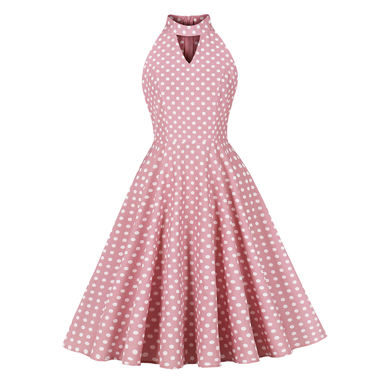 vintage dress, pink polka dot dress, halter swing dress, 1950s retro dress, pin-up dress, keyhole neck dress, flared skirt dress, summer dress, cocktail dress, rockabilly dress, feminine dress, classic polka dot, halter neck dress, vintage inspired, party dress #N23935