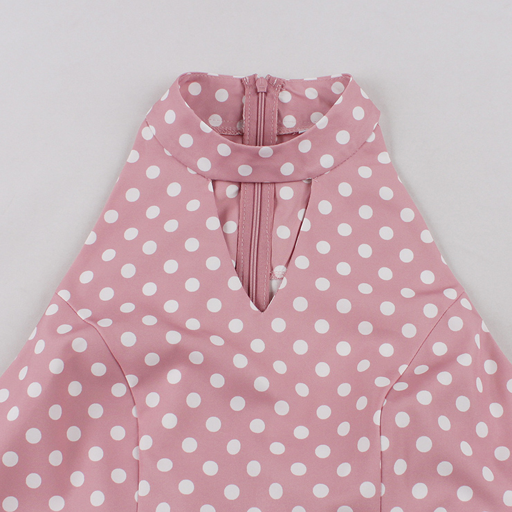 Vintage Pink Polka Dot Halter Swing Dress 1950s Style N23935