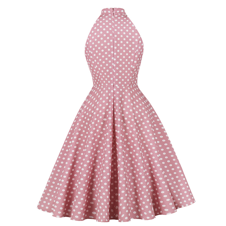 Vintage Pink Polka Dot Halter Swing Dress 1950s Style N23935