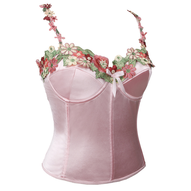Vintage Pink Satin Corset Set - Floral Lace Overlay Bustier with Adjustable Back Straps N237823