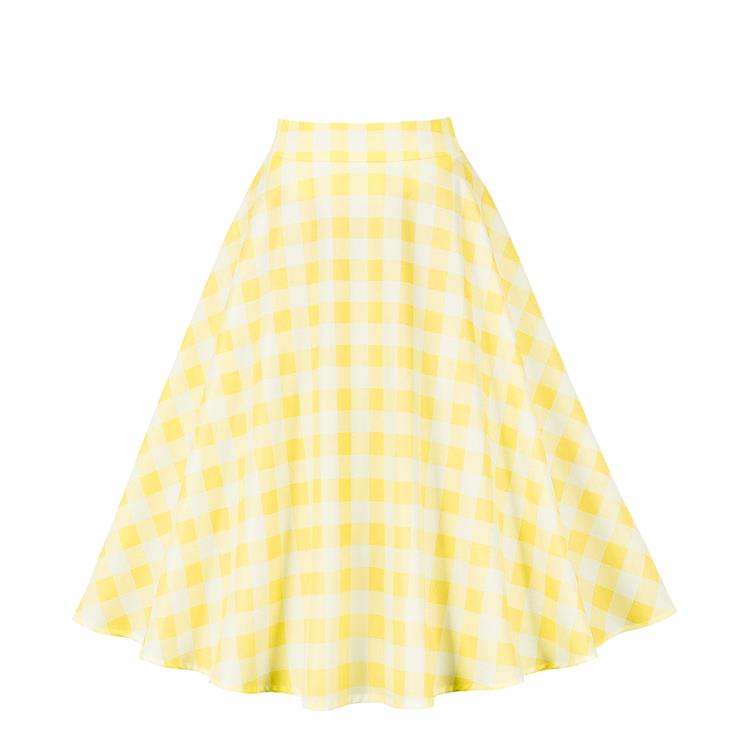 Women's Clothing Plaid Big Swing Ruffle Skirt Vintage High Waist Midi Skirt HG23426
