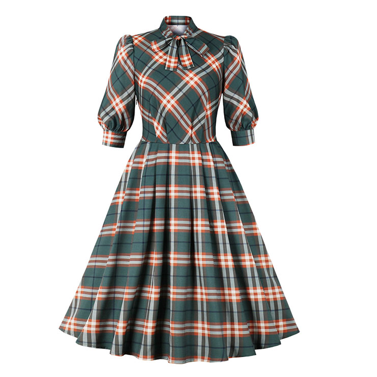 1950s Vintage Tie Collar Half Puff Sleeve Plaid Pattern Office Lady High Waist Midi Dress N21584
