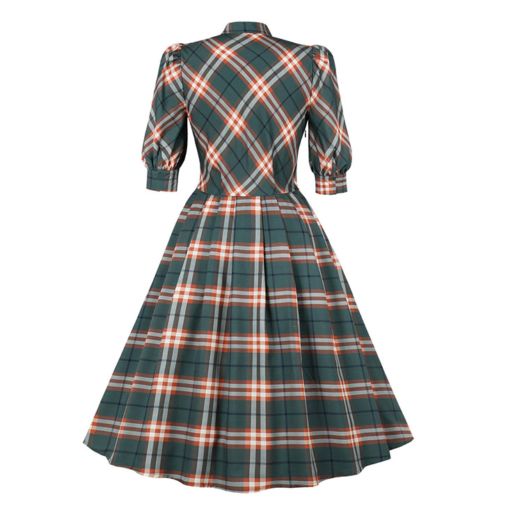 1950s Vintage Tie Collar Half Puff Sleeve Plaid Pattern Office Lady High Waist Midi Dress N21584