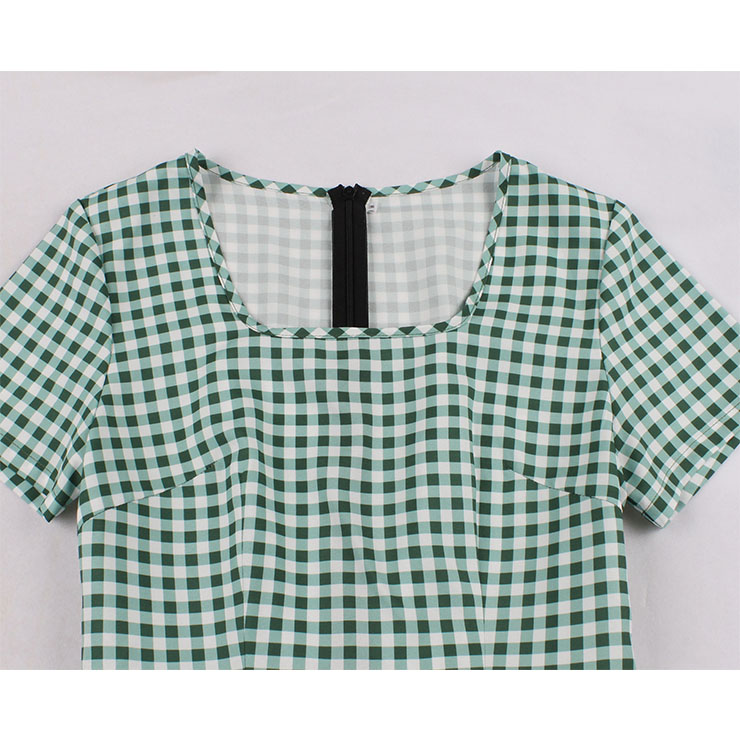 Vintage Square Neckline Short Sleeve Gingham Cotton High Waist Daily Casual A-line Dress N21585