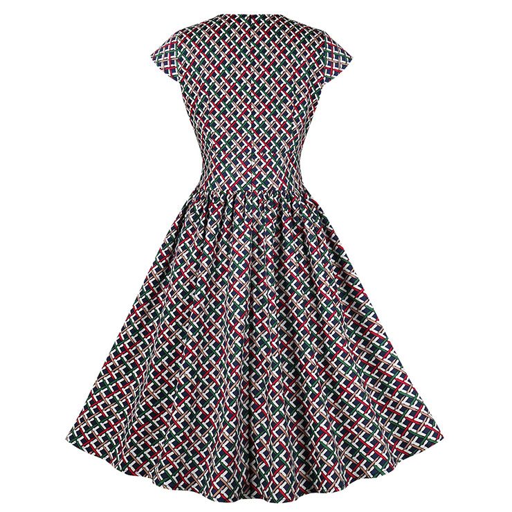 Vintage Plaid V Neck Zipper  Short Sleeve High Waist Summer Daily Swing Dress N22836