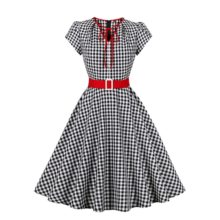 Vintage Black and White Plaid V Neck Zipper Short Sleeve High Waist Daily Swing Dress N23153