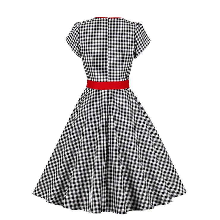 Vintage Black and White Plaid V Neck Zipper Short Sleeve High Waist Daily Swing Dress N23153