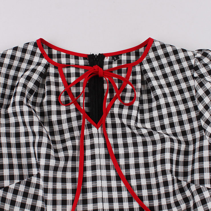 Vintage Black and White Plaid V Neck Zipper Short Sleeve High Waist Daily Swing Dress N23153