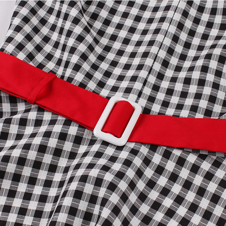Vintage Black and White Plaid V Neck Zipper Short Sleeve High Waist Daily Swing Dress N23153