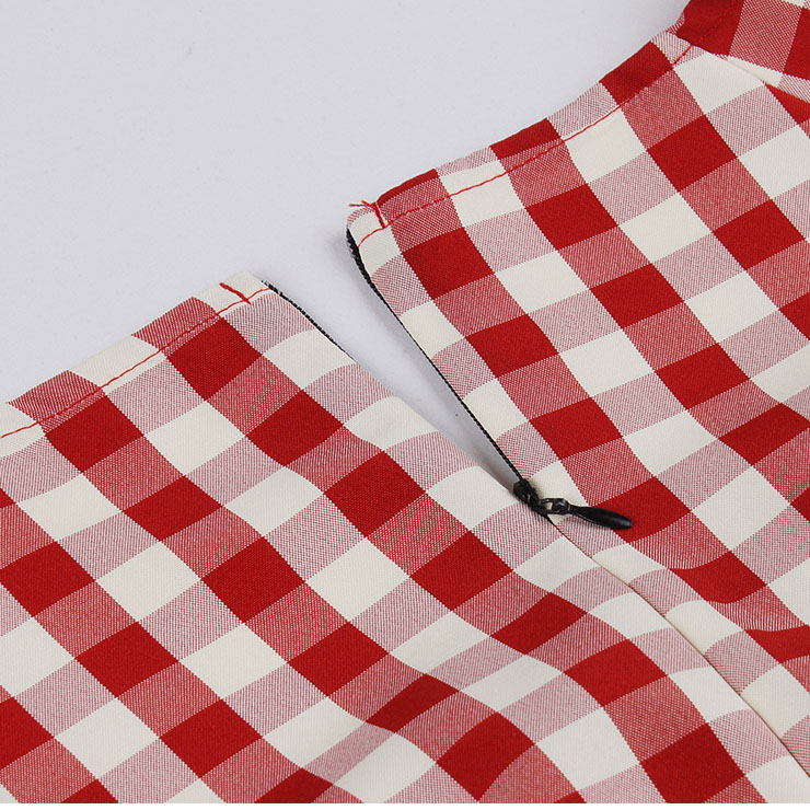 Vintage Elegant Red Plaid Short Sleeve Round Neck High Waist Zipper Midi Dress N23148