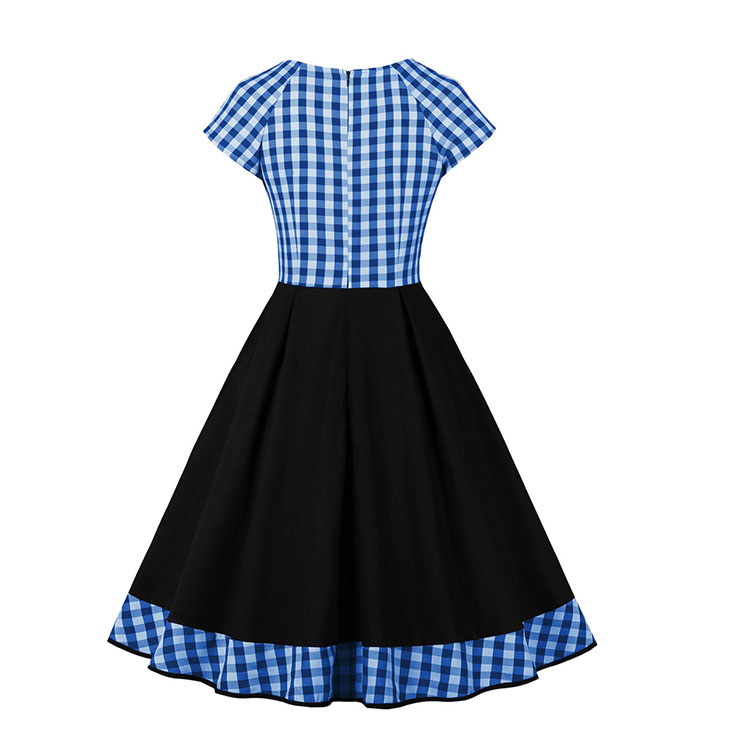Vintage Elegant Blue Plaid Short Sleeve Round Neck High Waist Zipper Midi Dress N23149