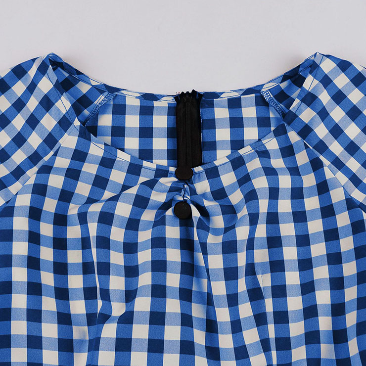 Vintage Elegant Blue Plaid Short Sleeve Round Neck High Waist Zipper Midi Dress N23149
