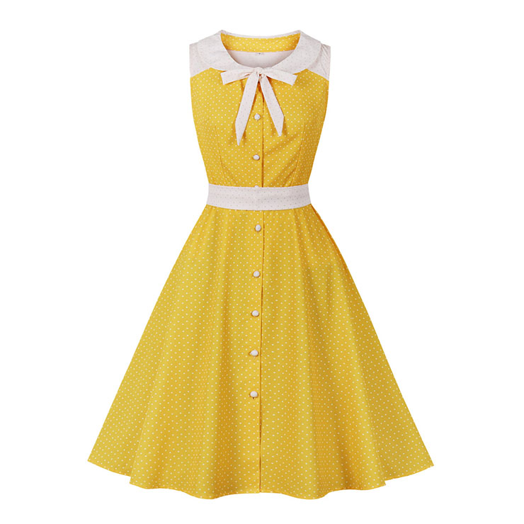 Fashion Polka Dots Tie Collar Sleeveless Front Button High Waist Belted Summer Swing Dress N22259
