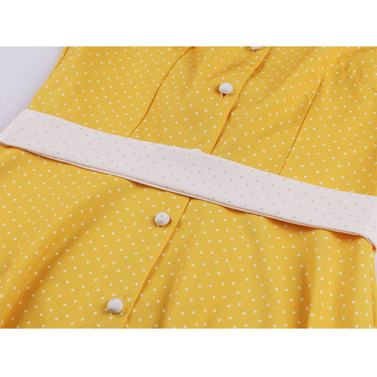 Fashion Polka Dots Tie Collar Sleeveless Front Button High Waist Belted Summer Swing Dress N22259