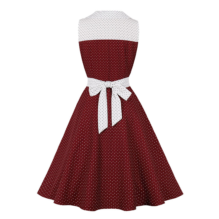 Fashion Polka Dots Tie Collar Sleeveless Front Button High Waist Belted Summer Swing Dress N22260
