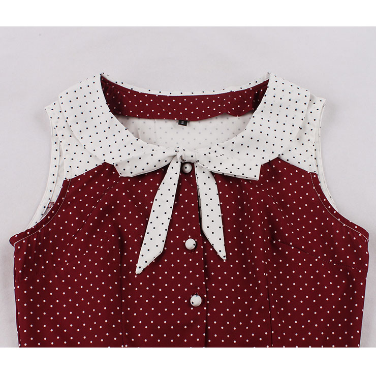 Fashion Polka Dots Tie Collar Sleeveless Front Button High Waist Belted Summer Swing Dress N22260