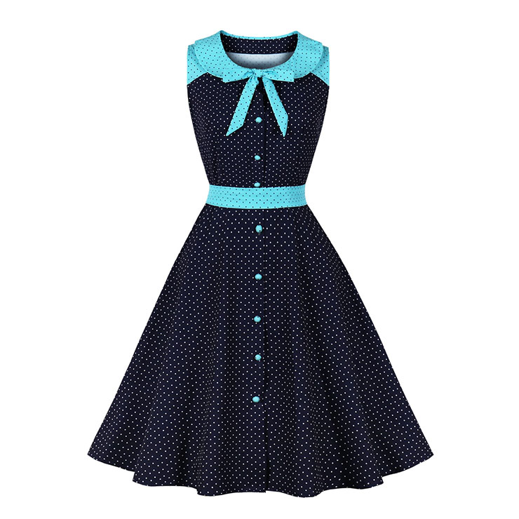 Fashion Polka Dots Tie Collar Sleeveless Front Button High Waist Belted Summer Swing Dress N22261