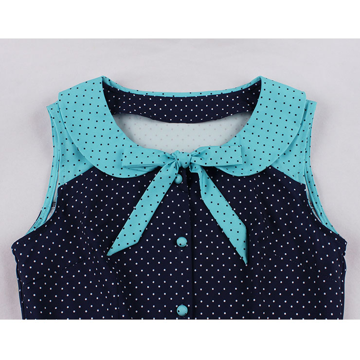 Fashion Polka Dots Tie Collar Sleeveless Front Button High Waist Belted Summer Swing Dress N22261