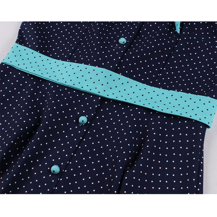 Fashion Polka Dots Tie Collar Sleeveless Front Button High Waist Belted Summer Swing Dress N22261