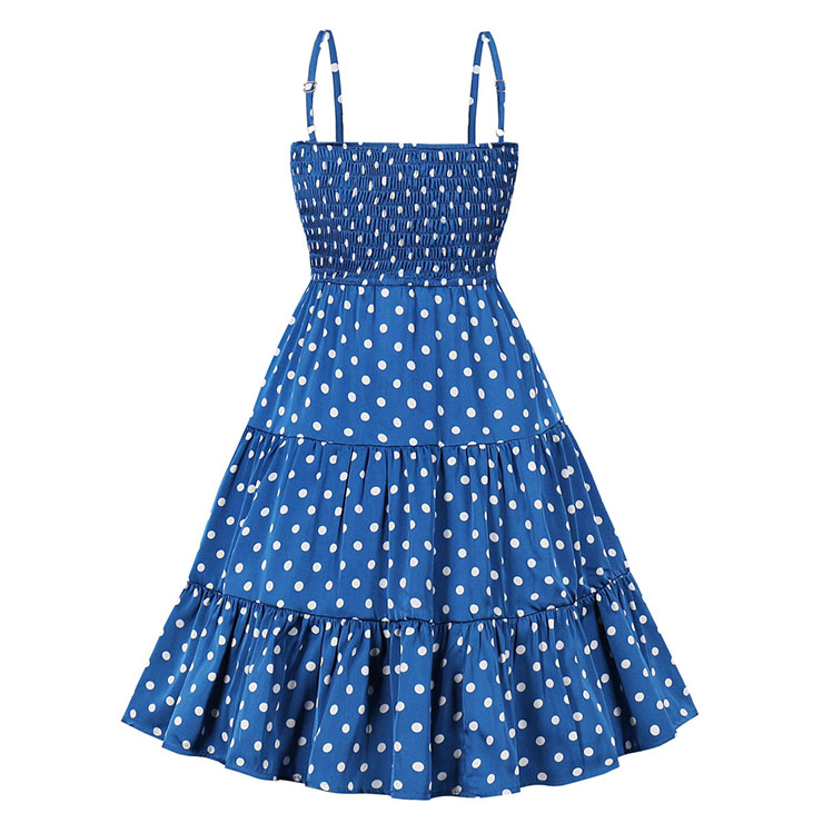 Retro Rockabilly Polka Dots Big Bowknot Spaghetti Straps High Waist Summer Swing Dress N21749