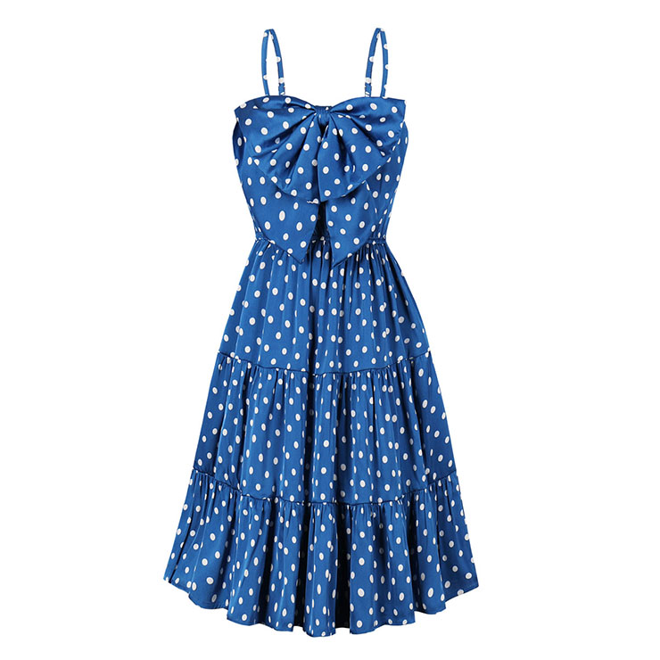 Retro Rockabilly Polka Dots Big Bowknot Spaghetti Straps High Waist Summer Swing Dress N21749