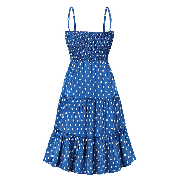 Retro Rockabilly Polka Dots Big Bowknot Spaghetti Straps High Waist Summer Swing Dress N21749