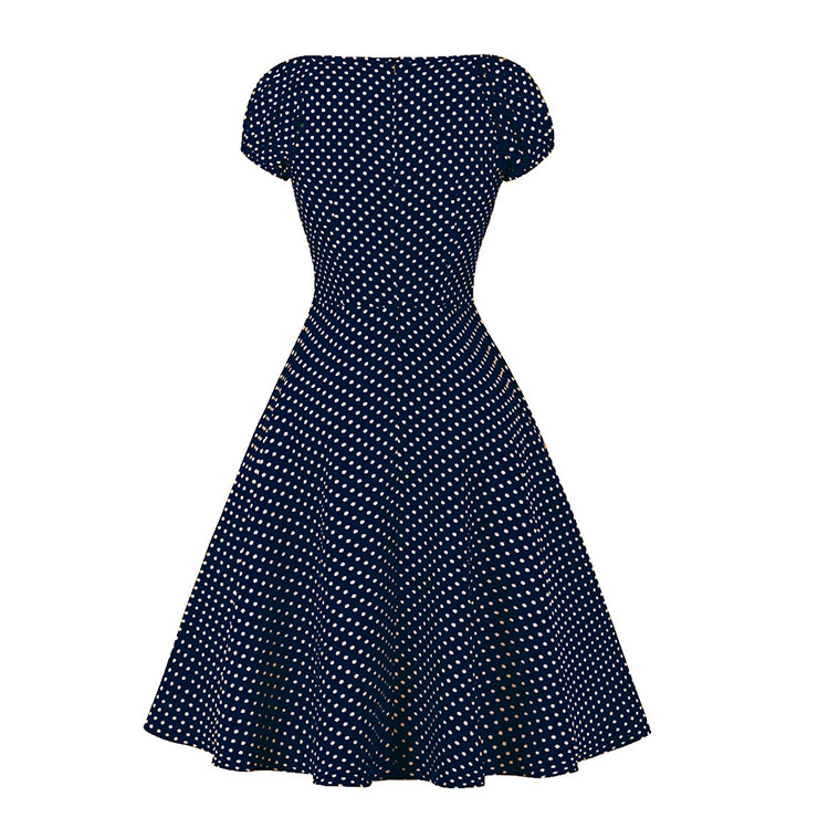 Fashion Polka Dots Print Sweetheart Drawstring Lace-up Short Sleeve High Waist Midi Dress N22258