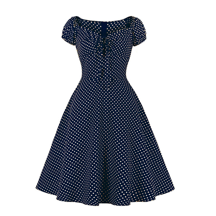 Fashion Polka Dots Print Sweetheart Drawstring Lace-up Short Sleeve High Waist Midi Dress N22258