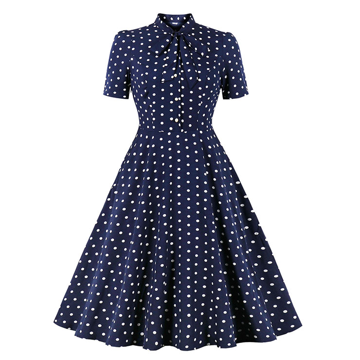 1950s Vintage Tie Collar Polka Dots Short Sleeve High Waist Cocktail Party Swing Dress N21579