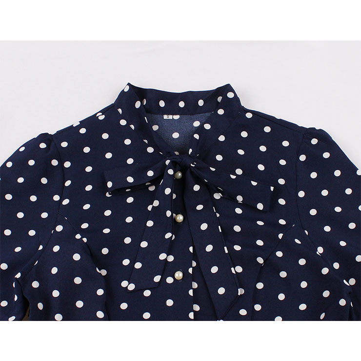 1950s Vintage Tie Collar Polka Dots Short Sleeve High Waist Cocktail Party Swing Dress N21579