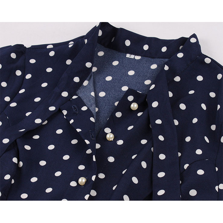 1950s Vintage Tie Collar Polka Dots Short Sleeve High Waist Cocktail Party Swing Dress N21579