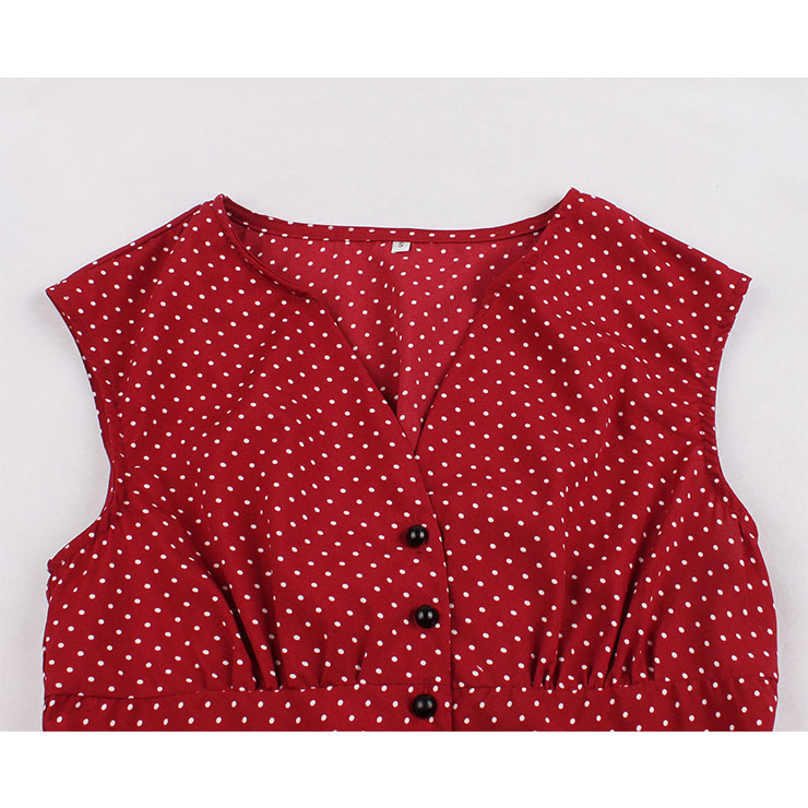 Vintage Rockabilly Polka Dots V Neck Sleeveless High Waist Cocktail Party Swing Dress N19031