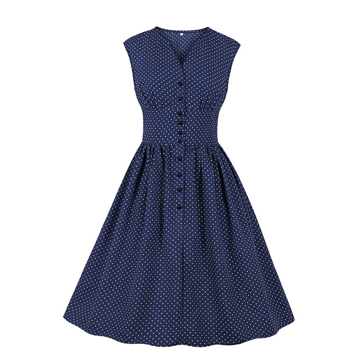 Vintage Rockabilly Polka Dots V Neck Sleeveless High Waist Cocktail Party Swing Dress N19102