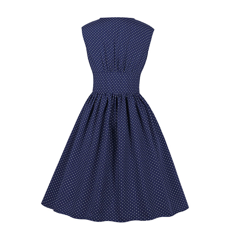 Vintage Rockabilly Polka Dots V Neck Sleeveless High Waist Cocktail Party Swing Dress N19102