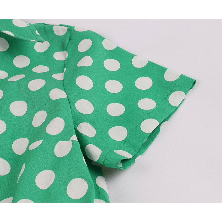 Vintage Polka Dots Print Lapel Short Sleeve High Waist Lace-up A-line Big Swing Midi Dress N20622