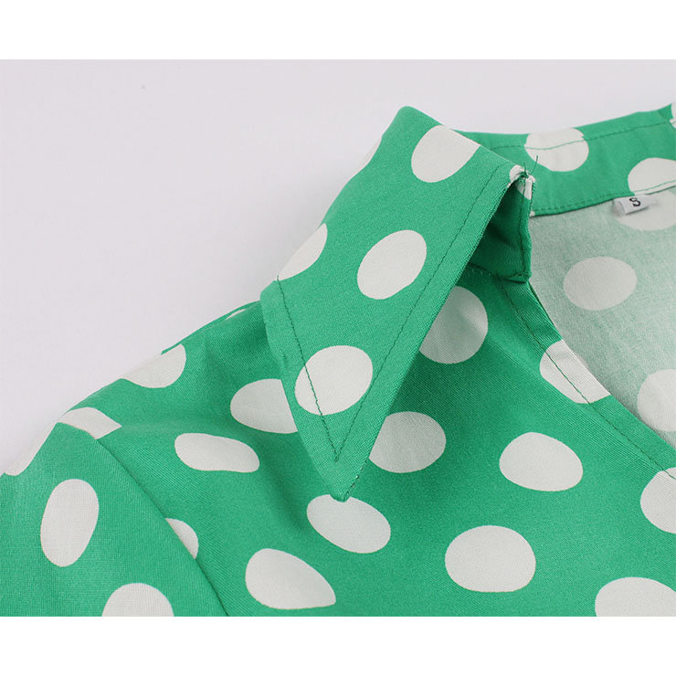 Vintage Polka Dots Print Lapel Short Sleeve High Waist Lace-up A-line Big Swing Midi Dress N20622