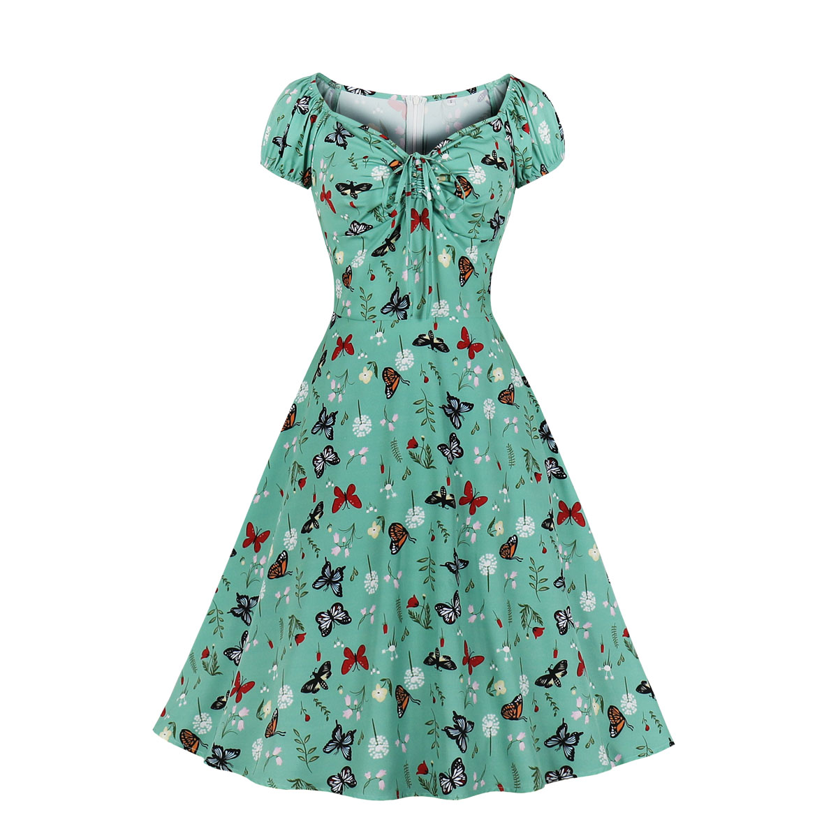 Retro Print Sweetheart Neck Drawstring Lace-up Short Sleeve High Waist Midi Dress N21349