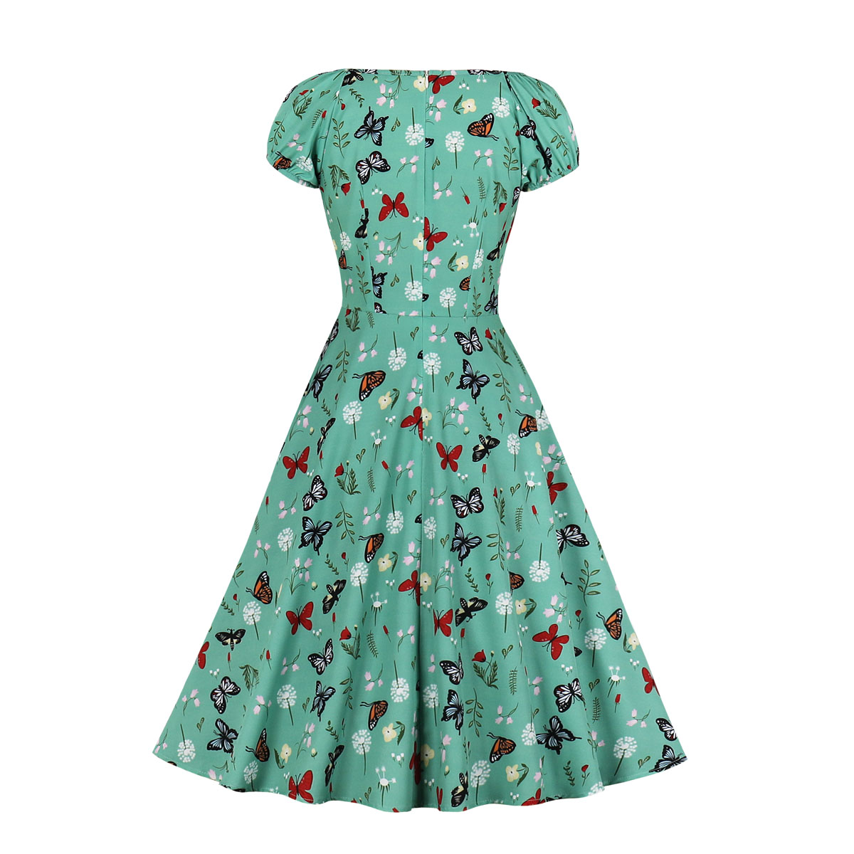 Retro Print Sweetheart Neck Drawstring Lace-up Short Sleeve High Waist Midi Dress N21349