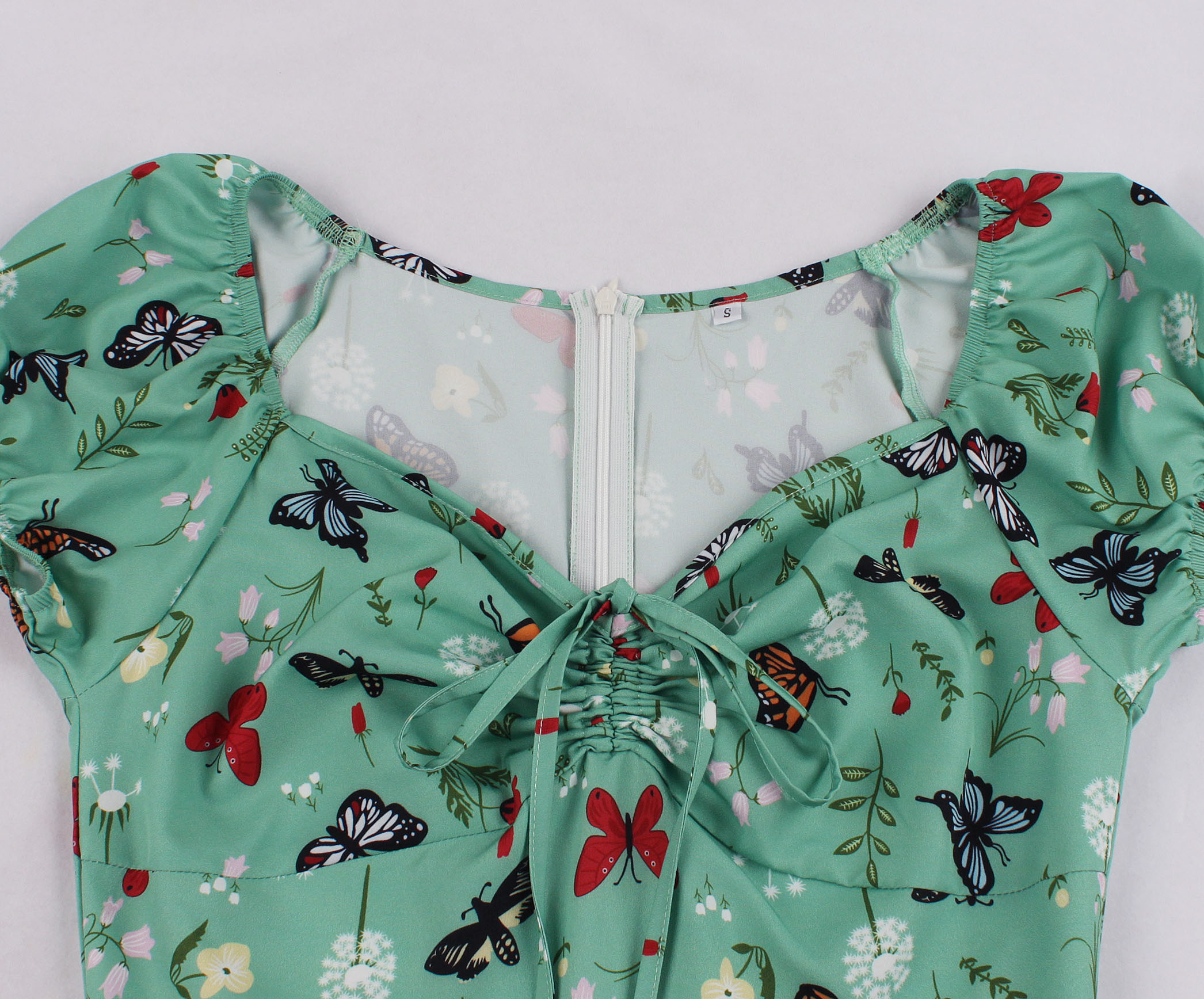 Retro Print Sweetheart Neck Drawstring Lace-up Short Sleeve High Waist Midi Dress N21349